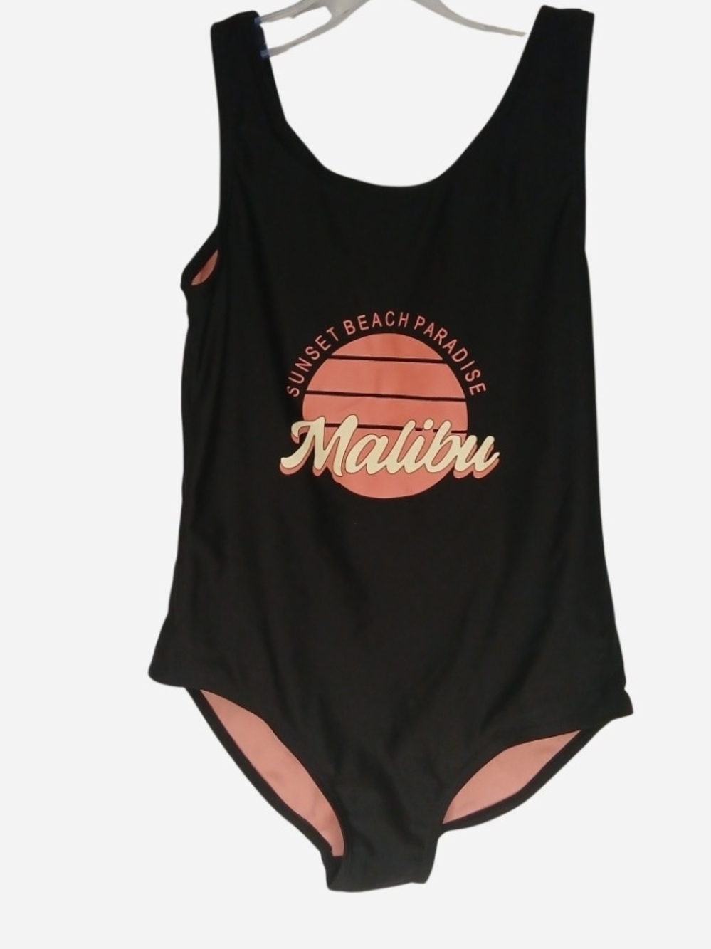 Primark Black One-Piece Swimsuit with Pink Malibu Graphic
